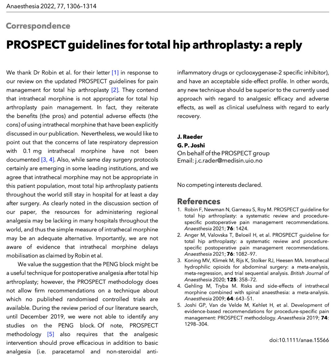 🔐PROSPECT guidelines for total hip arthroplasty: a reply. '...we would like to point out that the concerns of late respiratory depression with 0.1 mg intrathecal morphine have not been documented.' 🔗…-publications.onlinelibrary.wiley.com/doi/10.1111/an…