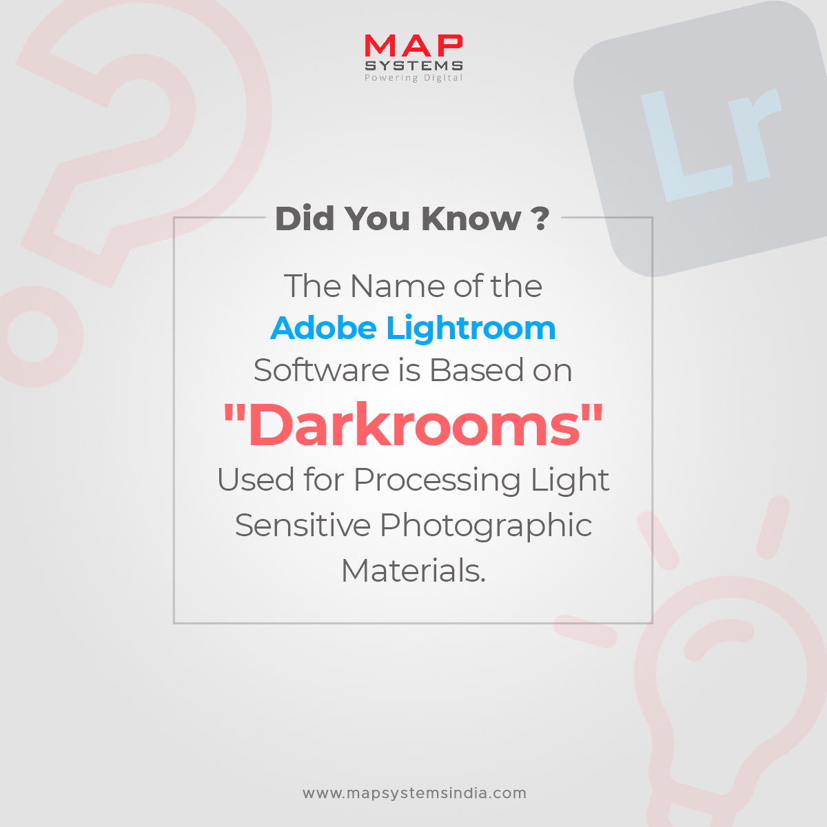 MapSystemsIndia's tweet image. Adobe Lightroom gets its name from the "darkroom" concept used by the traditional photographers to develop their prints. 

Stay tuned for more such interesting facts!

 #mapsystems #adobe #adobelightroom #lightroom #darkrooms #photography #graphicdesigner