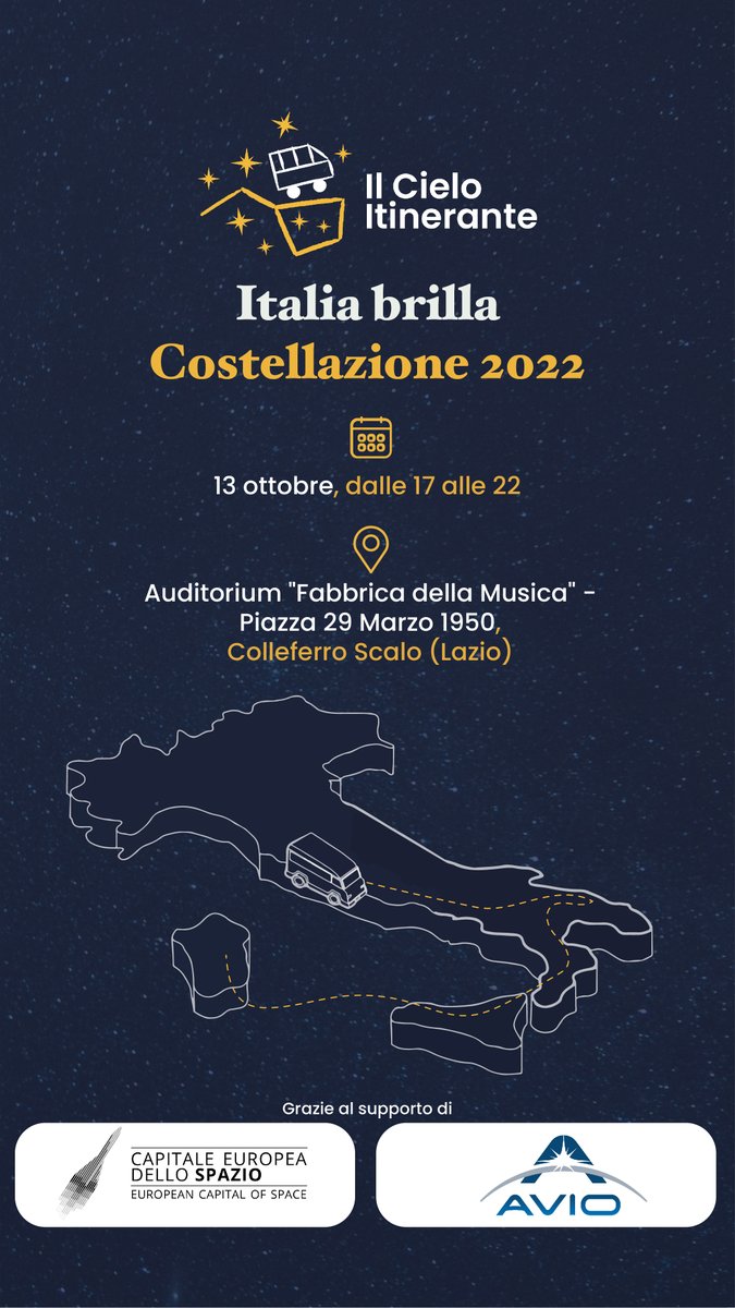 Oggi “Italia Brilla - Costellazione 2022” si ferma a Colleferro #capitaleeuropeaspazio2022! L’iniziativa del <a href="/cieloitinerante/">Il Cielo Itinerante</a>, con AVIO main partner per la tappa finale, ha toccato oltre 50 Comuni italiani in sei mesi per avvicinare bambine e bambini alle materie #STEM 🧑‍🚀
