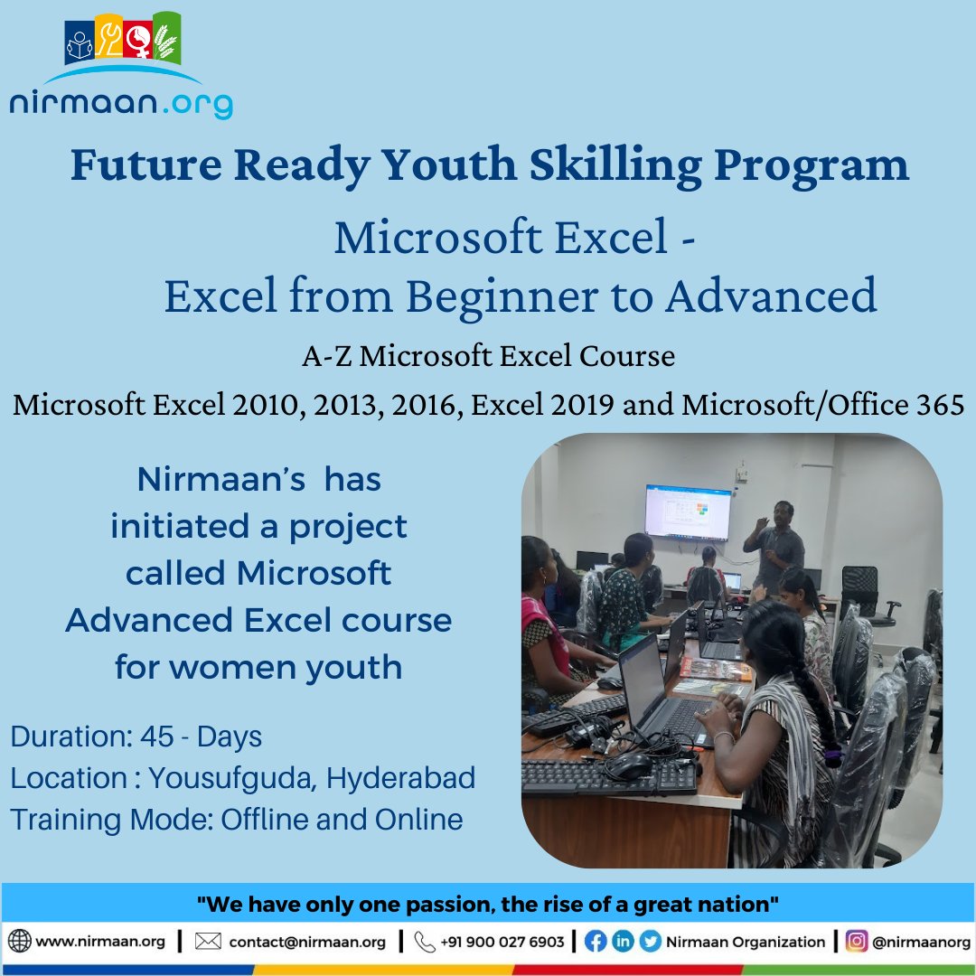 Nirmaan_Org's tweet image. #Nirmaan’s Future Ready Youth Skilling 
Program has initiated a project called #MicrosoftAdvancedExcel course from beginner to advanced&apos; for women youth to revamp the curricula of all the major domains in consultation with industry experts.

#future #project #microsoft #skills