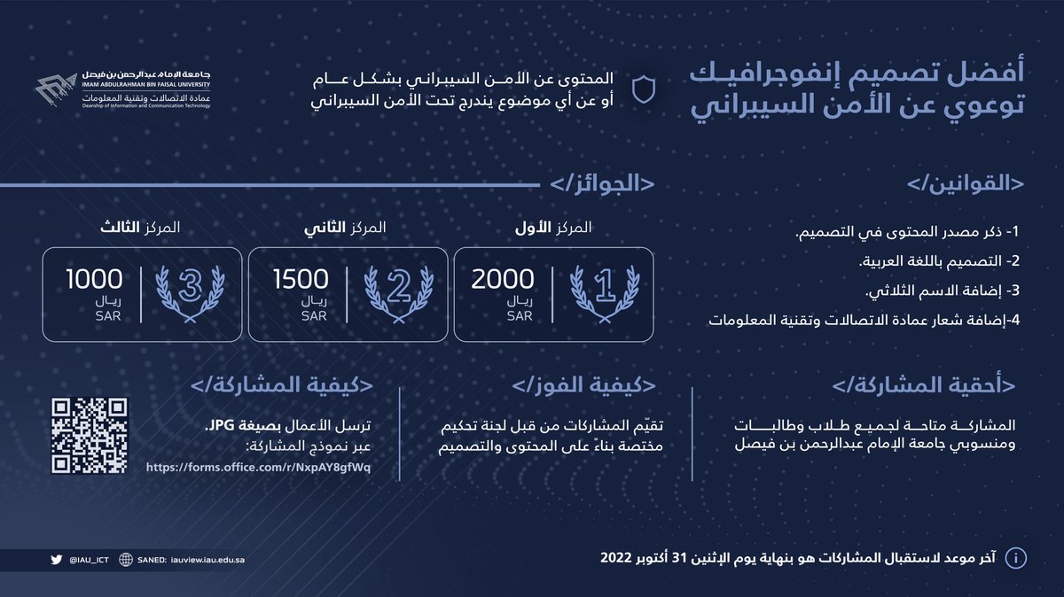 IAU_ICT's tweet photo. لإثراء المحتوى العربي التوعوي في مجال الأمن السيبراني والتشجيع على تنمية مهارة التصميم وبناء المحتوى المتخصص

نطلق مسابقة أفضل تصميم إنفوجرافيك توعوي عن الأمن السيبراني  

التفاصيل في الصورة المرفقة 

#التوعية_بالأمن_السيبراني
#جامعة_الإمام_عبدالرحمن_بن_فيصل https://t.co/QIFUIrJro7