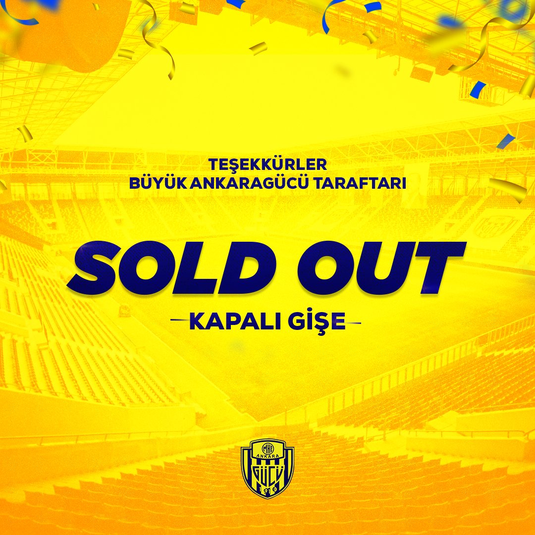 Eryaman Kapalı Gişe! 🔥

Fenerbahçe karşılaşması biletleri 13 dakikada tükendi.

Teşekkürler büyük Ankaragücü taraftarı. 💛💙

#SoldOut #KapalıGişe