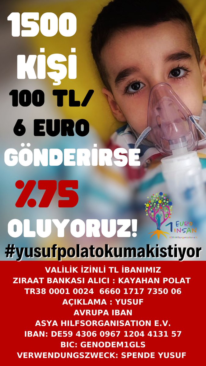 1500 KAHRAMANIMIZ 100 TL BAĞIŞLAR YA DA ÇEVRESİNDEN TOPLARSA KAMPANYAMIZ %75
OLUYOR, YUSUF İLACINA VE HAYALLERİNE UMUTLA YAKLAŞIYOR
Bizim HEDEFİMİZ, sizin RÜZGARINIZ var!
Ama YUSUF POLAT’ın bekleyecek zamanı yok.
Haydi yelkenimize rüzgar , 
YUSUF POLAT’ımıza UMUT olun!