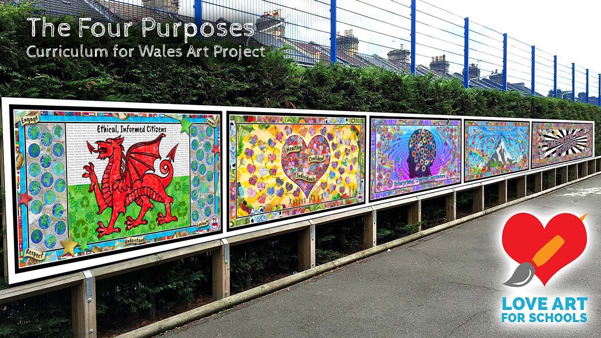 We worked with hundreds of pupils from a Cardiff school to create this Curriculum for Wales inspired artwork.💫 loveartforschools.com/featured-proje… #thefourpurposes #arteducation #curriculumforwales #valuesart #WALES