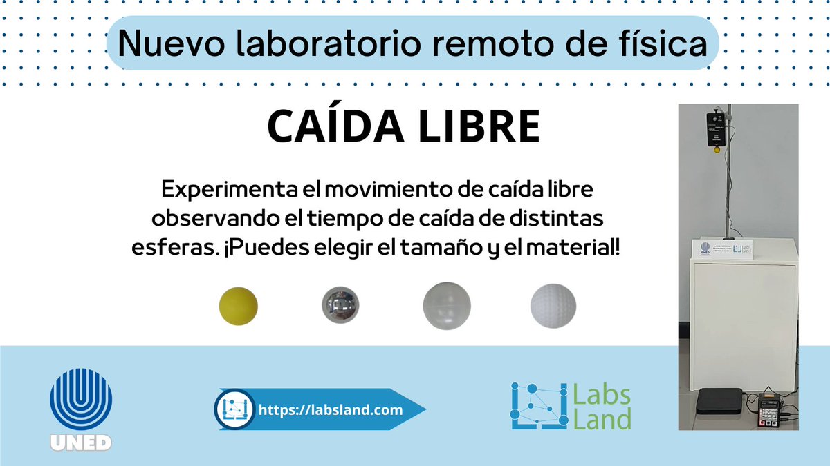 ¡LabsLand en colaboración con <a href="/UNEDCostaRica/">UNED.CR</a>  publica un nuevo #laboratorioremoto de #fisica! En lab de #caidalibre podrás experimentar con la gravedad. Tú configuras la altura y objeto que cae. #caidalibre #ciencia #educacion #controlremoto
