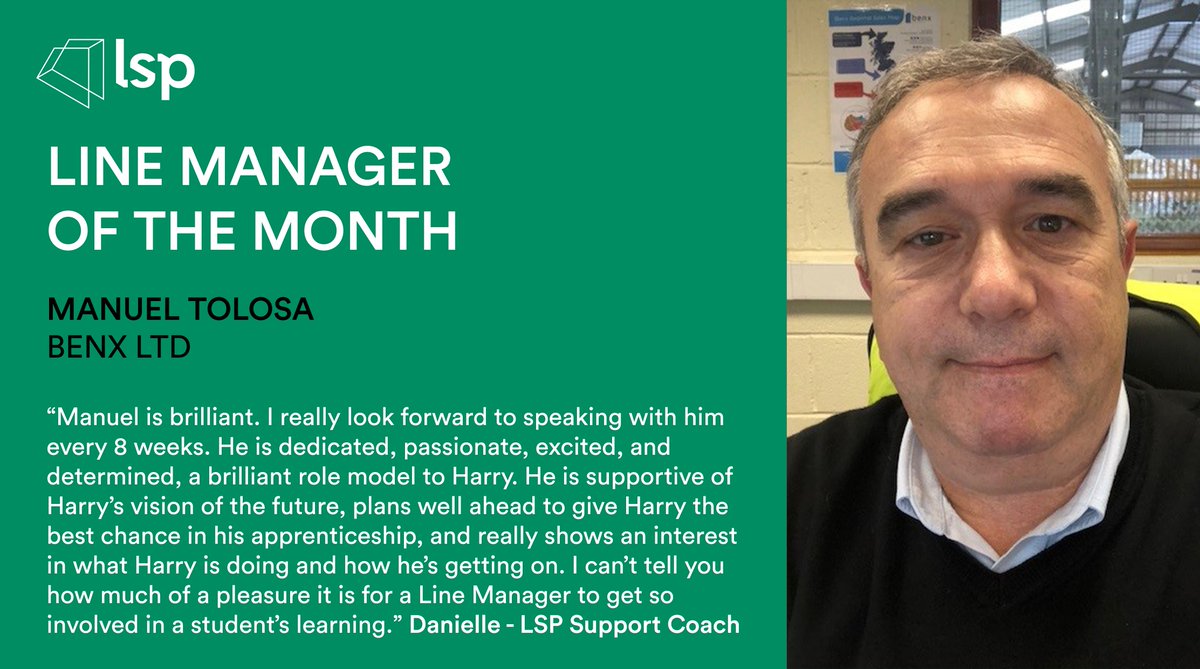 Congratulations to our September Line Manager of the Month, Manuel Tolosa!

Manuel was nominated by Support Coach Danielle, due to his continuous support towards learner Harry, who is currently completing his Digital Engineering Apprenticeship with Benx.

ow.ly/Y4V250L8Ry4