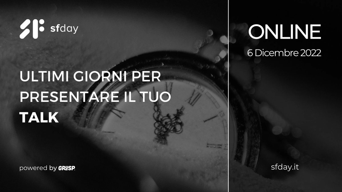 La #CFP chiuderà in 3 giorni: buff.ly/3RkkXUR 

Proponi il tuo talk entro il 15.10.22

Ci vediamo📍 Online il 📅 06.12.22
🎫 buff.ly/3L3ki84

<a href="/grusp/">GrUSP</a> #sfday #symfony #php