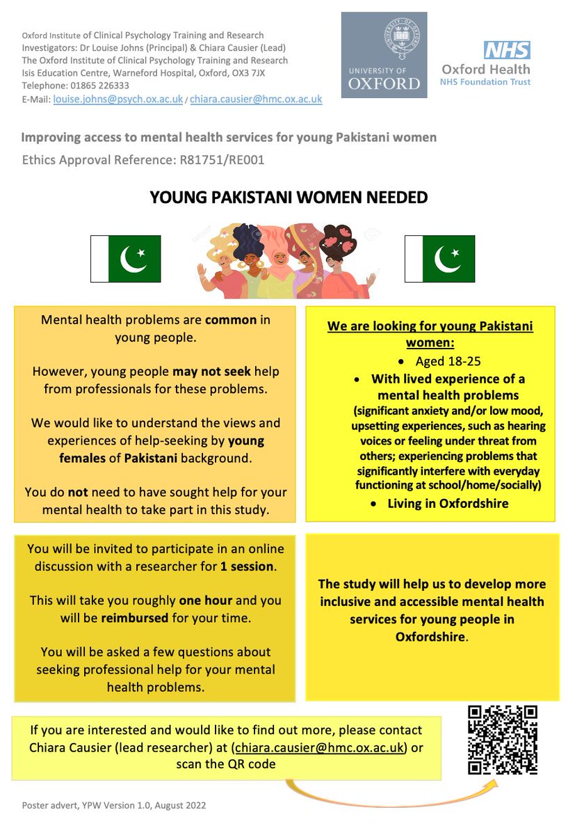 ❗️Research alert❗️

We are looking for young women, aged 18-25, who identify as Pakistani 🇵🇰, live in Oxfordshire and have experienced a mental health problem. 

Please email chiara.causier@hmc.ox.ac.uk for more info or visit psychiatryoxford.qualtrics.com/jfe/form/SV_5b… 

Please RT!
