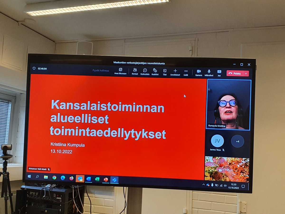 Kuka edustaa ja ketä nyt luotavissa rakenteissa kysyy <a href="/Kr_Kumpula/">Kristiina Kumpula</a> #järjestöt #kansalaistoiminta Paikallisuuden merkitys. Maakuntien #verkostojärjestöt #osallisuus <a href="/VeliMattiAhtiai/">Veli-Matti Ahtiainen</a> <a href="/miljkarj/">Milja Karjalainen</a> <a href="/TiinaSivonen/">Tiina Sivonen</a> @PKSotu <a href="/ppsotu/">PP Sosturvayhdistys</a> @ni_lindberg <a href="/SOSTE10/">SOSTE Suomen sosiaali ja terveys ry</a> <a href="/HahlWeckstrom/">Anita Hahl-Weckström</a>