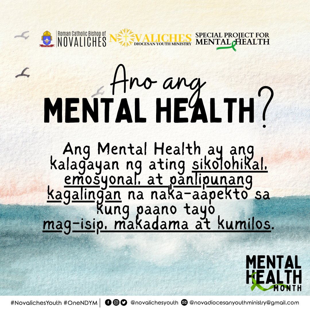 novalichesyouth's tweet photo. Ano nga ba ang mental health, Kalakbay?

Ang Mental Health ay ang kalagayan ng ating sikolohikal, emosyonal, at panlipunang kagalingan na naka-aapekto sa kung paano tao mag-isip, makadama, at kumilos. Be in the know, Kalakbay!

#MHParaSaLahat
#NovalichesYouth
#OneNDYM https://t.co/ib4z1KxGgG