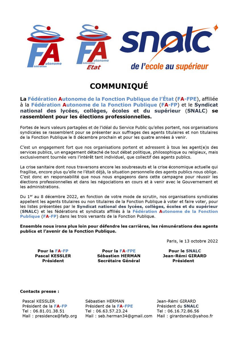 FedAutoEtat's tweet photo. #ElecPro2022 la @FedAutoEtat, la @FederationAuto et le @SNALC_National se rassemblent pour les #electionsprofessionnelles
Ensemble nous irons plus loin pour défendre les carrières, les rémunérations des agents publics et l'avenir de la #FonctionPublique
Le 8 décembre #Votez https://t.co/5iLQoKcp3e