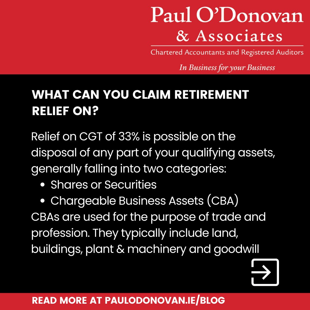paulodonovanacc's tweet photo. Dreaming of selling your Irish business one day?
Ensure your retirement dreams don’t become a tax nightmare by planning well in advance. Here’s our quick guide to CGT and #RetirementRelief in Ireland.

https://t.co/8scptNdHx8

#FinancialPlanning #IrishBusiness https://t.co/nyjQKByINf