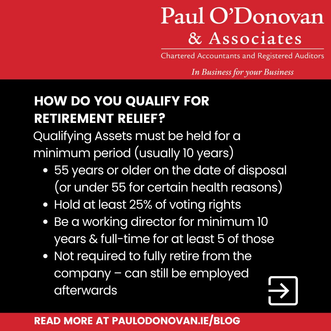 paulodonovanacc's tweet photo. Dreaming of selling your Irish business one day?
Ensure your retirement dreams don’t become a tax nightmare by planning well in advance. Here’s our quick guide to CGT and #RetirementRelief in Ireland.

https://t.co/8scptNdHx8

#FinancialPlanning #IrishBusiness https://t.co/nyjQKByINf