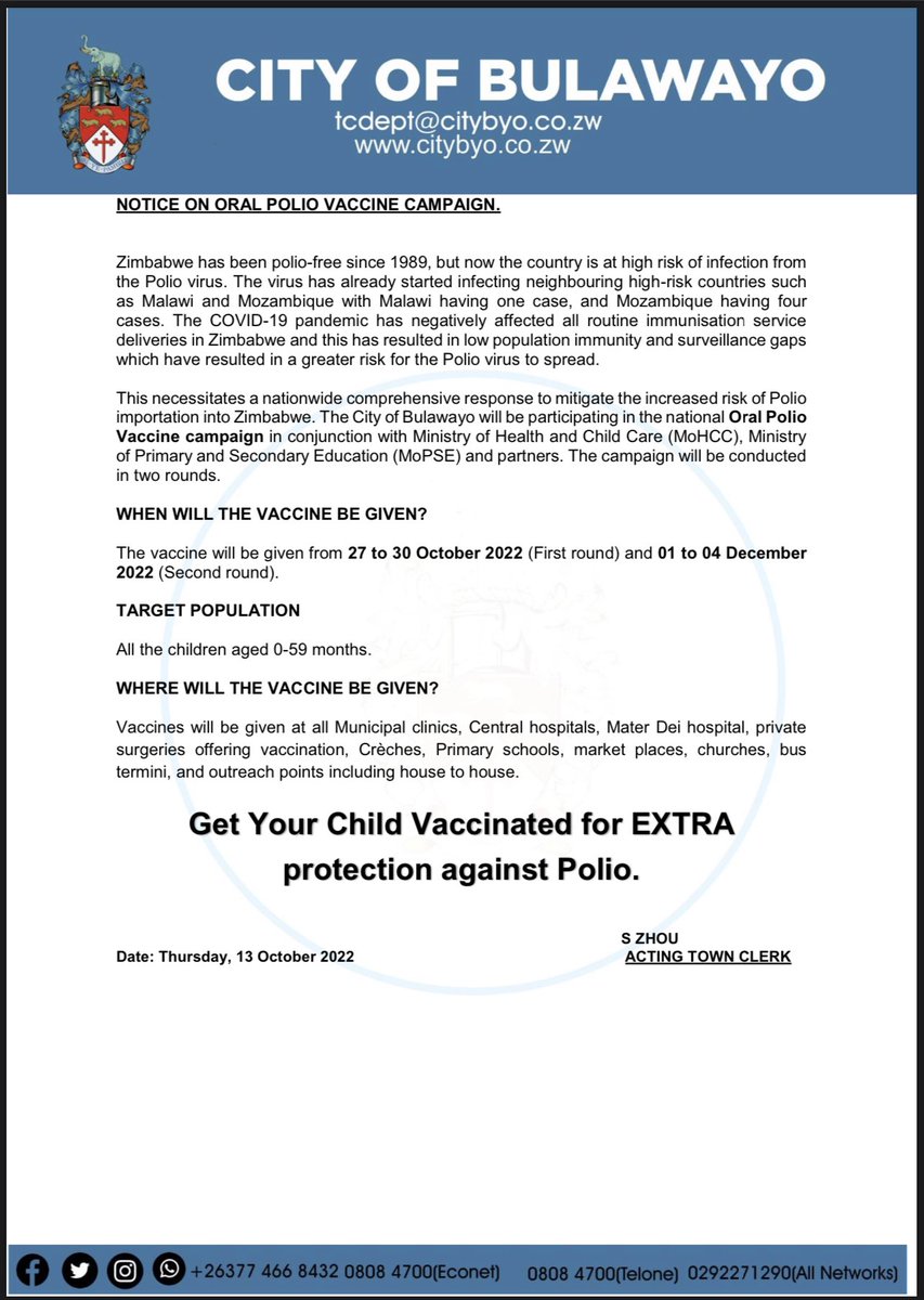 CityofBulawayo's tweet photo. Notice :- Oral Polio Vaccine campaign. https://t.co/2S6JjtmTFN