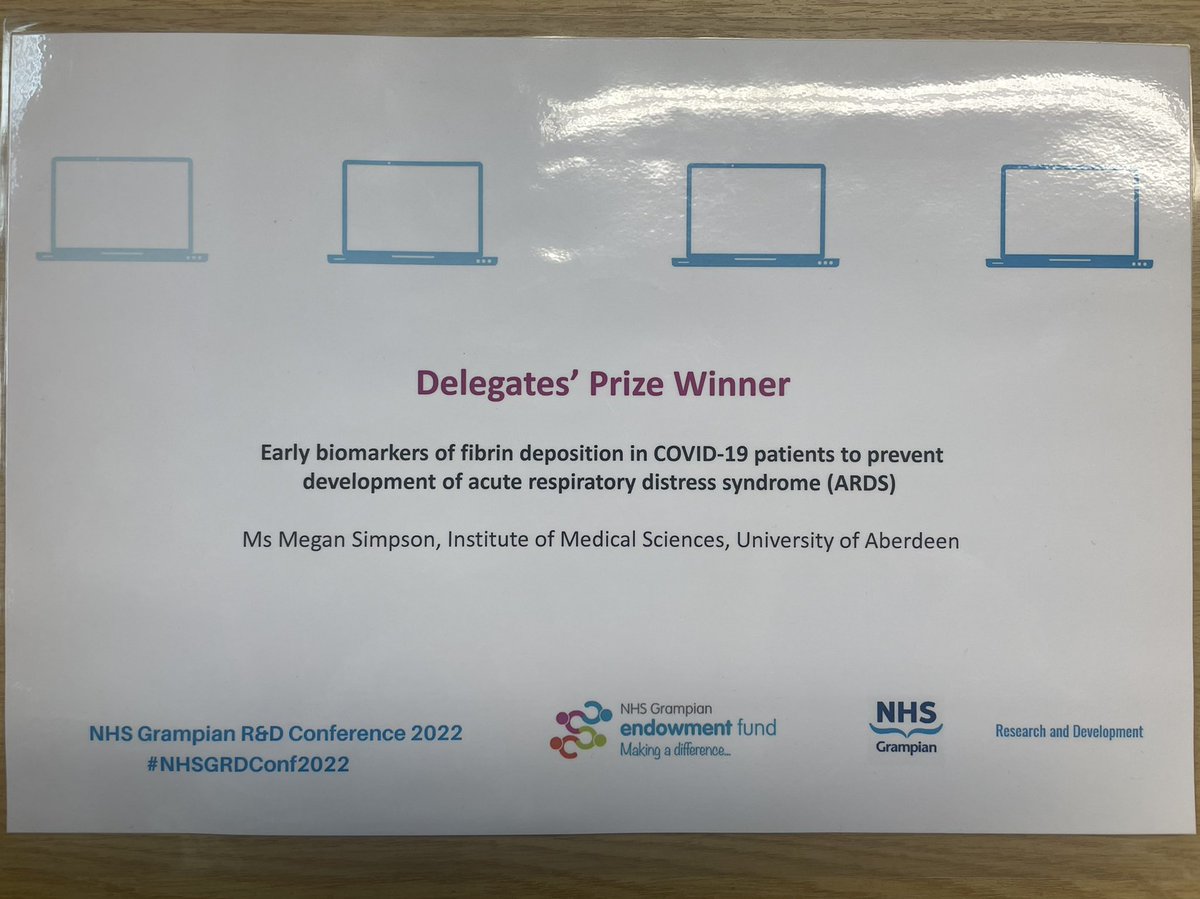 SimpsonMegan8's tweet photo. Wonderful morning of presentations highlighting the diversity of research ongoing in NHS Grampian to benefit the community. Delighted to have been awarded a delegates’ prize for my lightning talk on our #COVID19 project @LabMutch @AberdeenCDC @aberdeenuni thank you @nhsgcharity https://t.co/hPMfbteFDa
