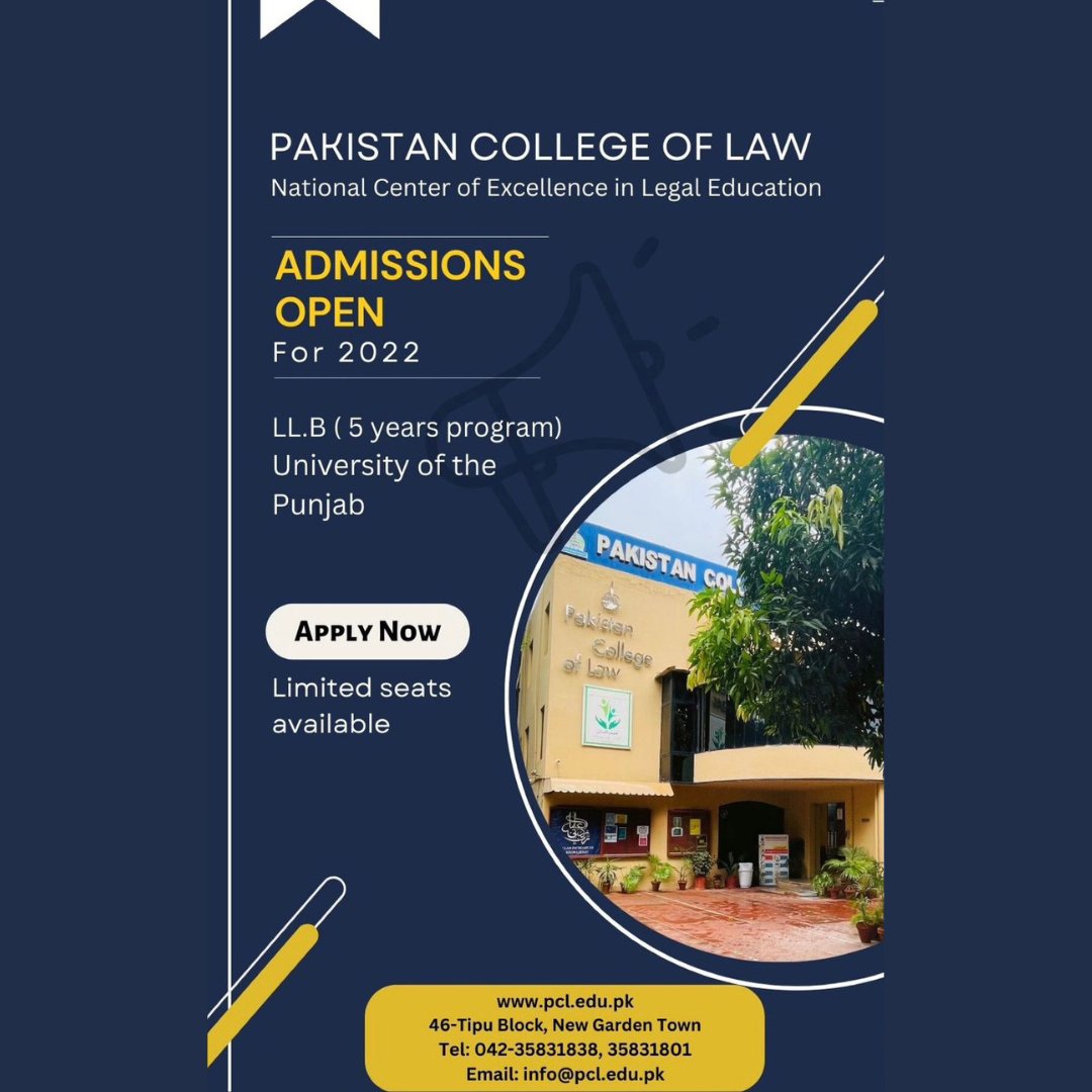 pakistan_cl's tweet photo. ADMISSIONS OPEN NOTICE:
Pakistan College of Law is an HEC Recognised Punjab University Affiliated College.

Admissions on the Punjab University Programme's 5 Year LL.B (Hons.) are OPEN in Pakistan College of Law. https://t.co/6WFG85fBXB
