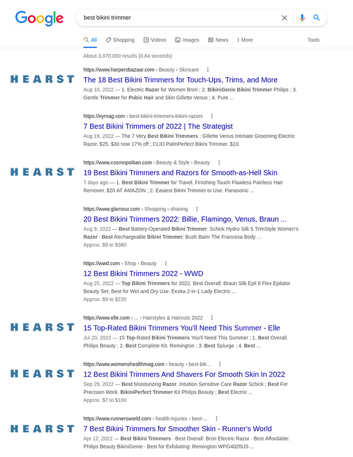 ViperChill's tweet photo. Imagine owning half of the search results for a non-branded query?

Totally not jealous.

*Note: Cleaned up SERP screenshot but didn't change order. One of thousands of queries I check and not personal 😉 https://t.co/qwx0ski8M8