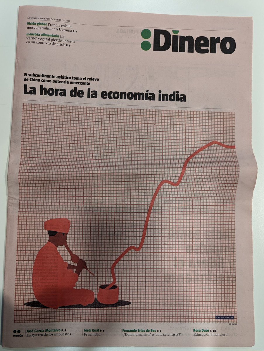 "The hour of the Indian economy," says La Vanguardia, a leading Spanish daily. 
Quite cool that the world is taking notice, but the cultural caricaturing, a snake charmer to represent India, is an insult. 
Wonder what it takes for this to stop; maybe global Indian products?