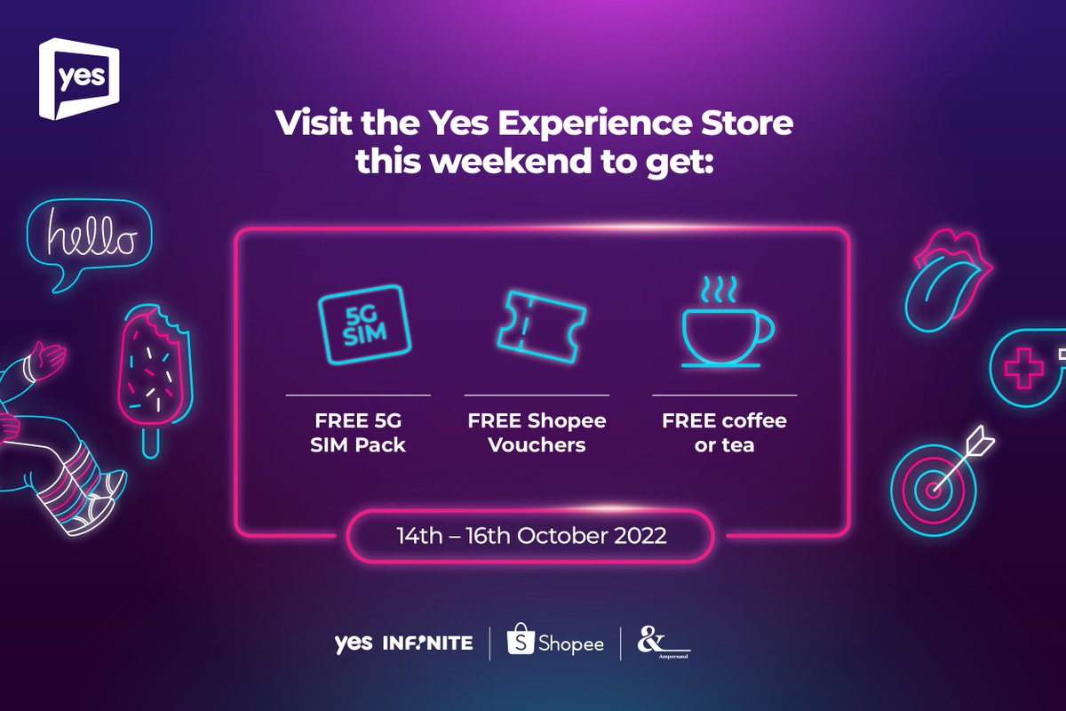Yes_Telco's tweet photo. Visit the Yes Experience Store on the 14-16 of October to get FREE 5G SIM Packs, Shopee Vouchers &amp; coffee, or tea. 

Terms &amp; conditions apply.​
 #Yes #Yes5G #YesExperienceStoreLot10 #SwitchTo5G https://t.co/drCgZ5iuFh