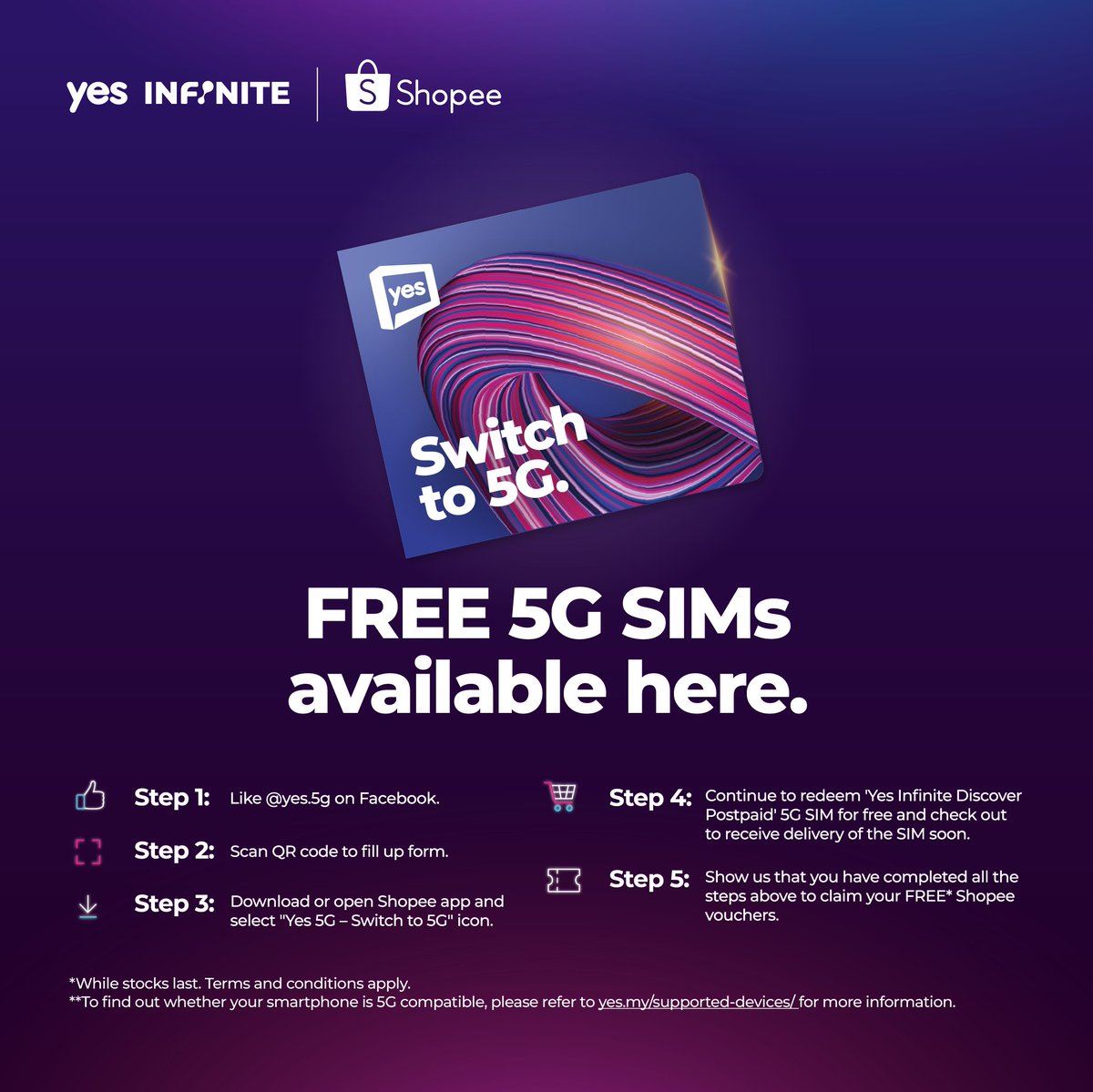 Yes_Telco's tweet photo. Visit the Yes Experience Store on the 14-16 of October to get FREE 5G SIM Packs, Shopee Vouchers &amp; coffee, or tea. 

Terms &amp; conditions apply.​
 #Yes #Yes5G #YesExperienceStoreLot10 #SwitchTo5G https://t.co/drCgZ5iuFh