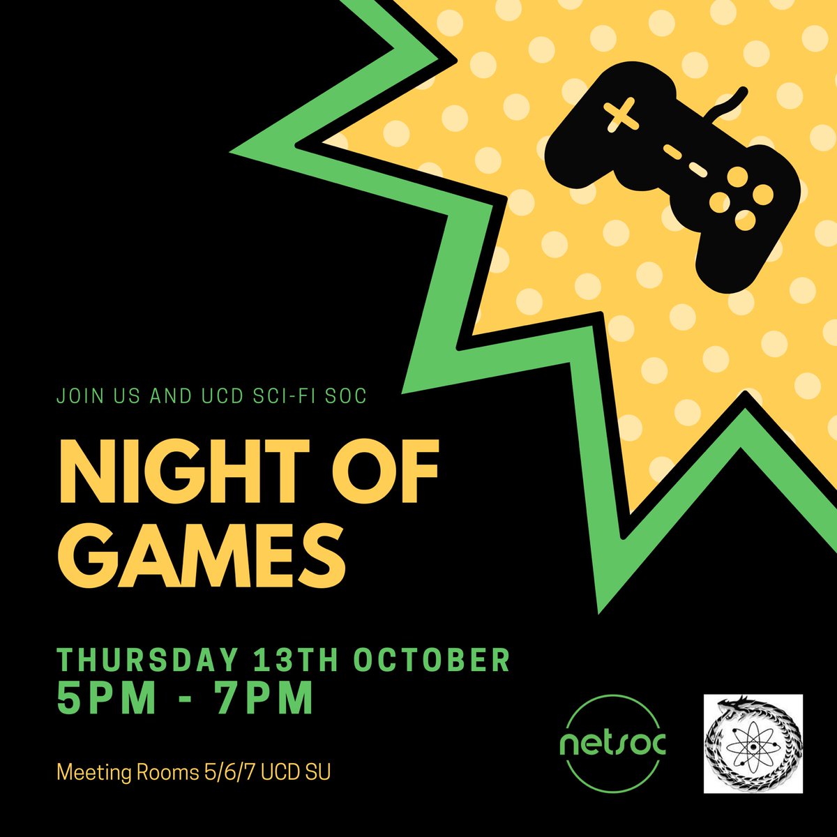 UCDNetsoc's tweet image. 👾GAME ON👾
It&apos;s game time! We are collaborating with Sci-Fi Soc to bring you all your fav games on a night of fun, banter and vibes🤙
Make sure to come join us and chill out after a hard day of lectures
