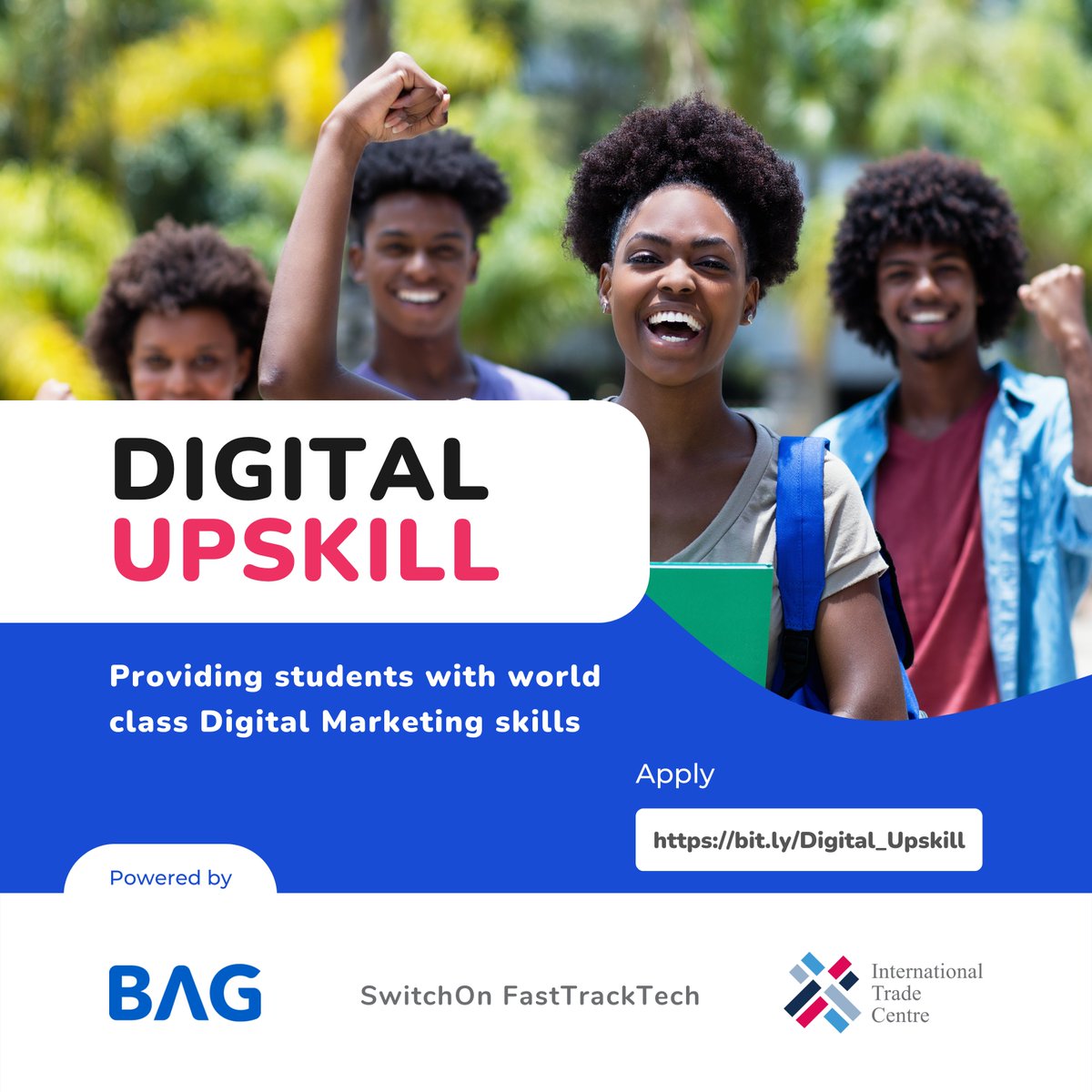 bagtechnologies's tweet photo. Exciting newsπ€©
We've partnered up with the SwitchOn FastTrackTech project by @ITCnews to launch #DigitalUpskill, a digital marketing training program for individuals in Rwanda.
Apply for the program here:πhttps://t.co/XXtU4baFwX https://t.co/NkFJSkSaCq