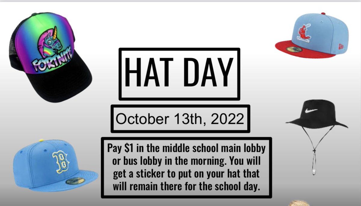 Don’t forget to bring $1 to wear your favorite hat TODAY! All money goes to mini THON!
