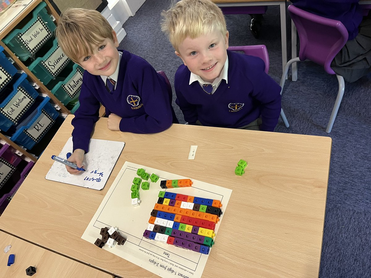 Emmaus_School's tweet photo. Year 2 are working hard this morning! Great subtraction work using cubes to demonstrate exchanging! Well done 2F! #emmausmaths #emmausyeartwo https://t.co/PDV3oS8QyK