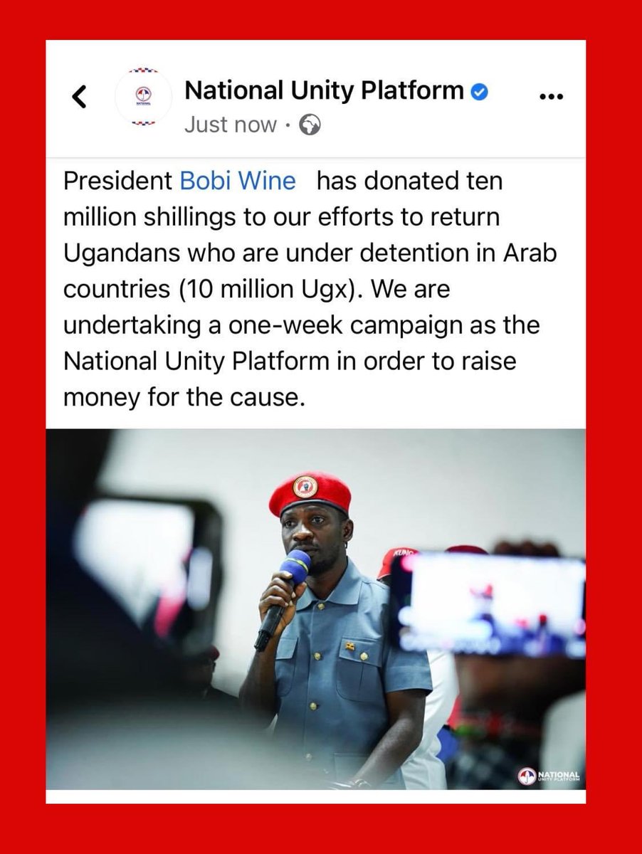 President <a href="/HEBobiwine/">BOBI WINE</a> has donated ten million shillings to our efforts to return Ugandans who are under detention in Arab countries (10 million Ugx). We are undertaking a one-week campaign as the National Unity Platform in order to raise money for the cause.
