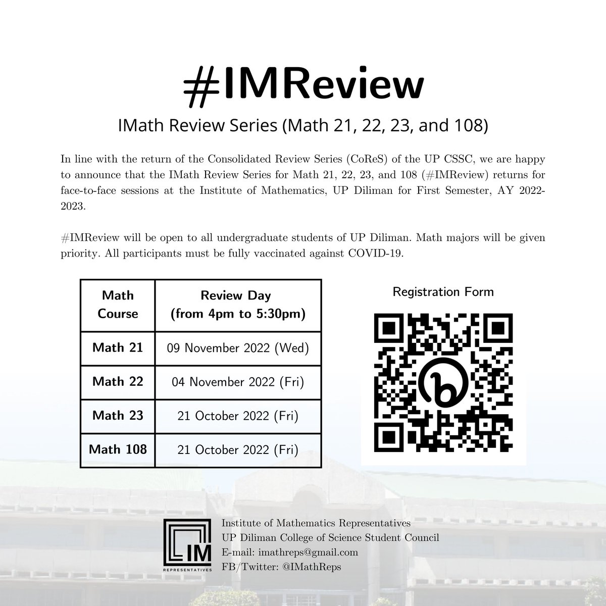imathreps's tweet photo. #IMReview | IMath Review Series (M21, 22, 23, and 108)
In line with the return of the Consolidated Review Series (CoReS) of @upcssc, we are happy to announce that the IMath Review Series returns for face-to-face sessions at IMath, UP Diliman for First Sem, 22-23. https://t.co/DUnHASIBwC