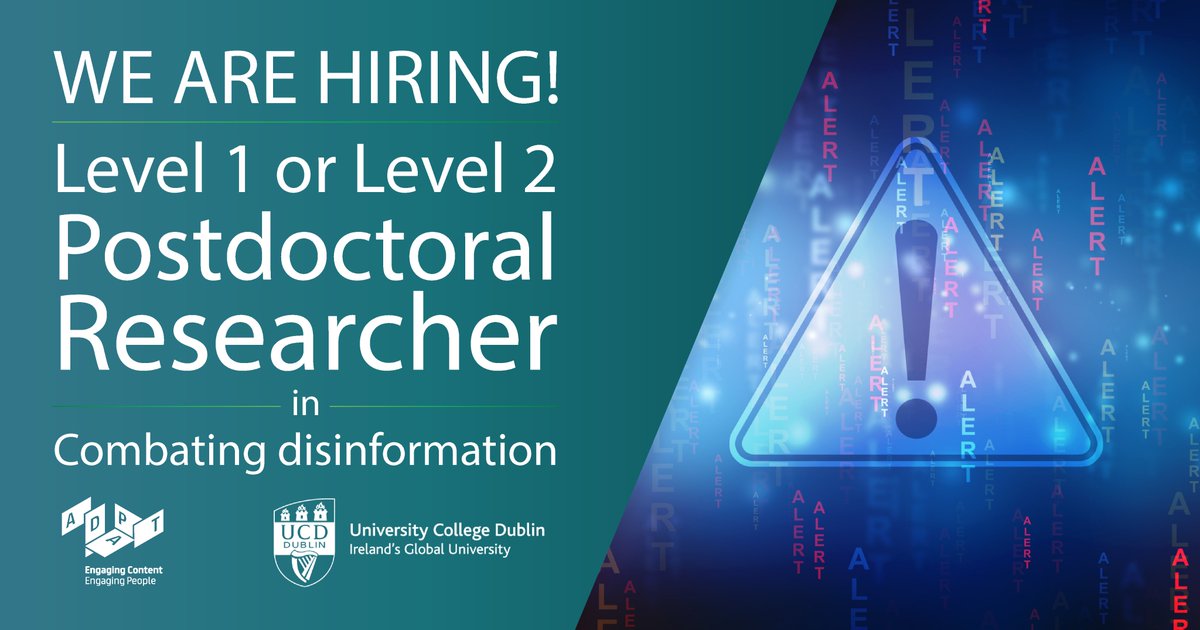 We are hiring a Postdoc to join our team on the 3-year Horizon Europe VIGILANT project in ADAPT / UCD to help combat disinformation. Would suit a multiskilled candidate from e.g. HCI, Social / Computer / Information Science, or Journalism > bit.ly/3RXo6tl < Please share!