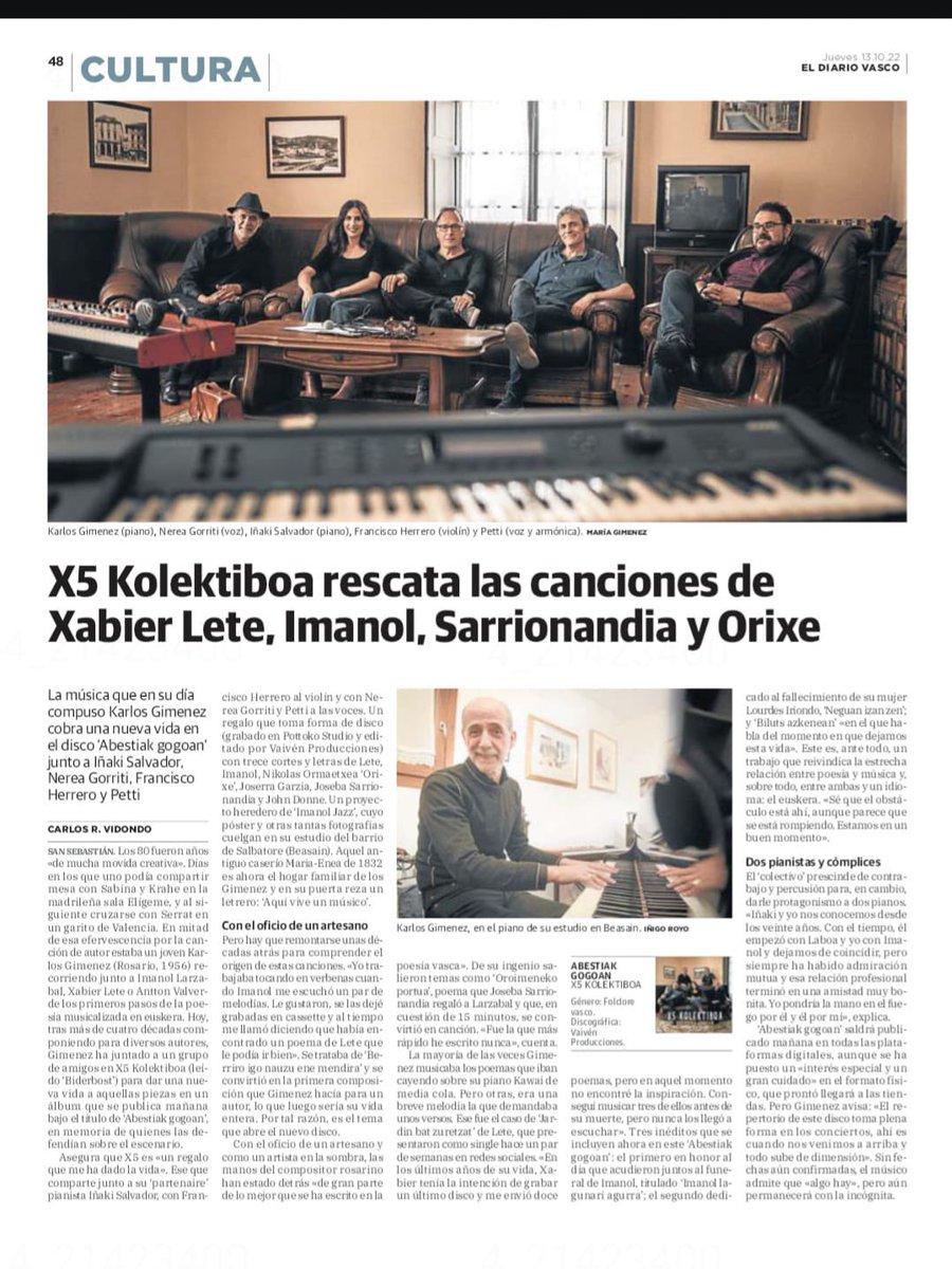 X5Kolektiboa's tweet photo. 📰‼️ Gaur @diariovasco n
💿‼️ Bihar diska osoaren argitalpena plataforma digitaletan ‼️💿

⭐️ABESTIAK GOGOAN ⭐️ 13 abestiz osaturiko lana da eta horien artean orain arte entzun ez diren Xabier Leteren 3 poema daude. https://t.co/AKahpAjyi3