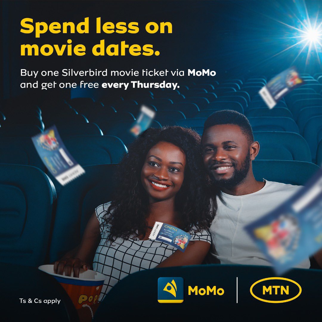 MTNGhana's tweet photo. It’s Thursday!
Buy a movie ticket at Silverbird Cinemas via MoMo this and every Thursday and get one more for FREE.
Terms and conditions apply.
So. What are we doing today? #YelloThursday #MTNYelloThursday #movienight🎬 @SilverbirdGhana https://t.co/xCRrqpw79Q