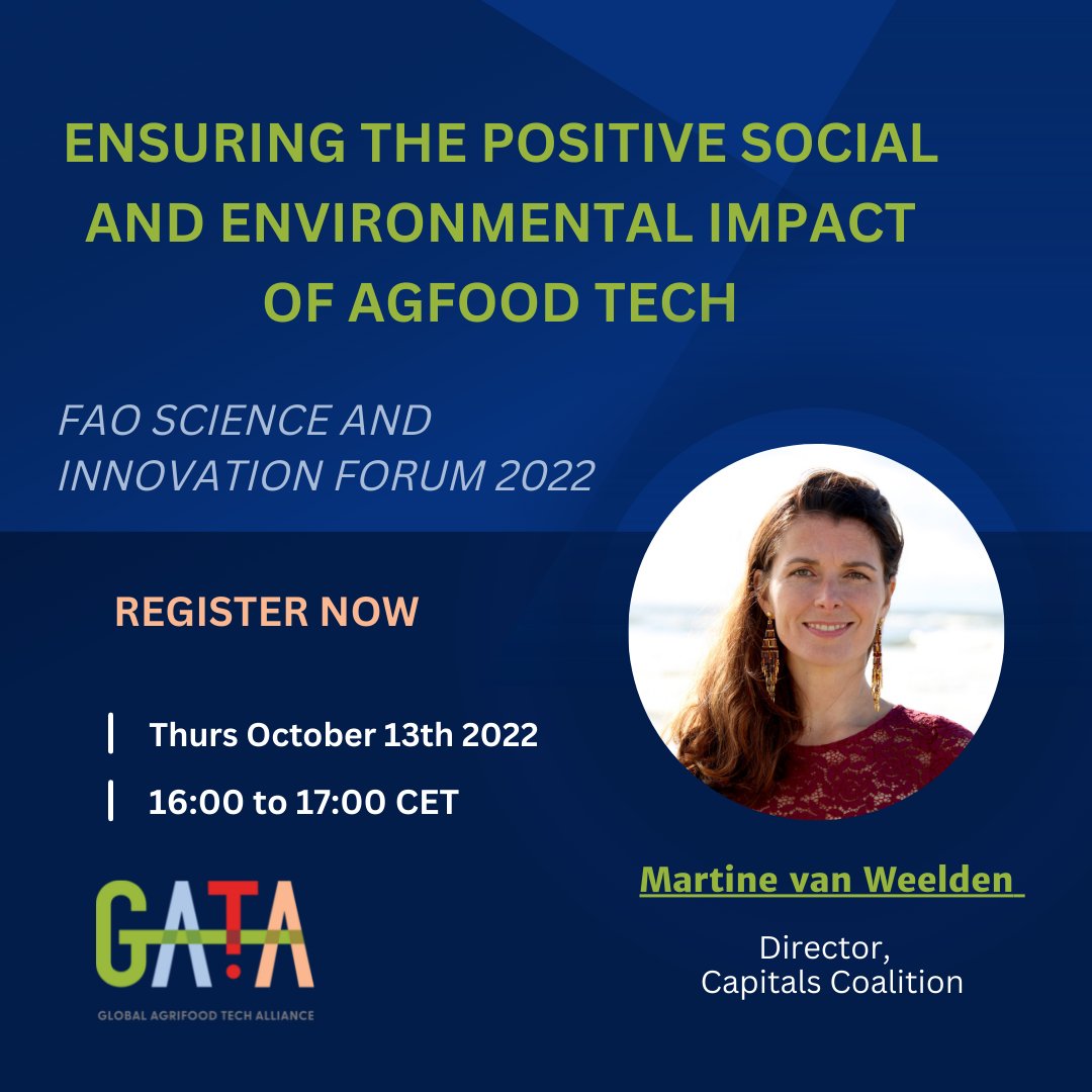 📢Today! Join our virtual side event at <a href="/FAO/">Food and Agriculture Organization</a> Science + Innovation Forum and hear what <a href="/CapsCoalition/">Capitals Coalition</a>'s Director, Martine van Weelden has to say.

#AgInnovation #SIF2022 #GATAlliance 
eventbrite.com/e/ensuring-the…