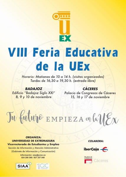 La Universidad de Extremadura organiza  la VIII edición de la Feria Educativa UEx.
📢 educarex.es/universidad/fe…