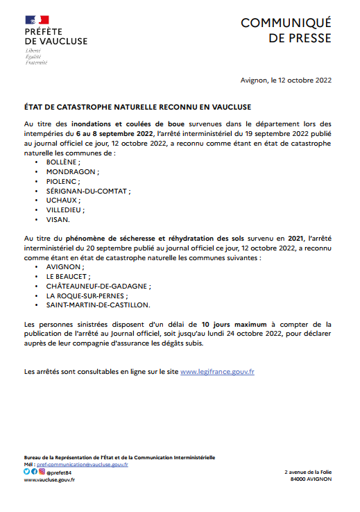 Prefet84's tweet photo. État de #catastrophe naturelle reconnu en #Vaucluse au titre des : 
- #inondations et #coulées de boue : 6-8/09/2022
- #sécheresse-réhydratation des sols : 2021
⚠️10 jours maxi pour faire sa déclaration
Les communes concernées ▶️ https://t.co/UJbGKYWzX2 https://t.co/ijeBDcYgt5