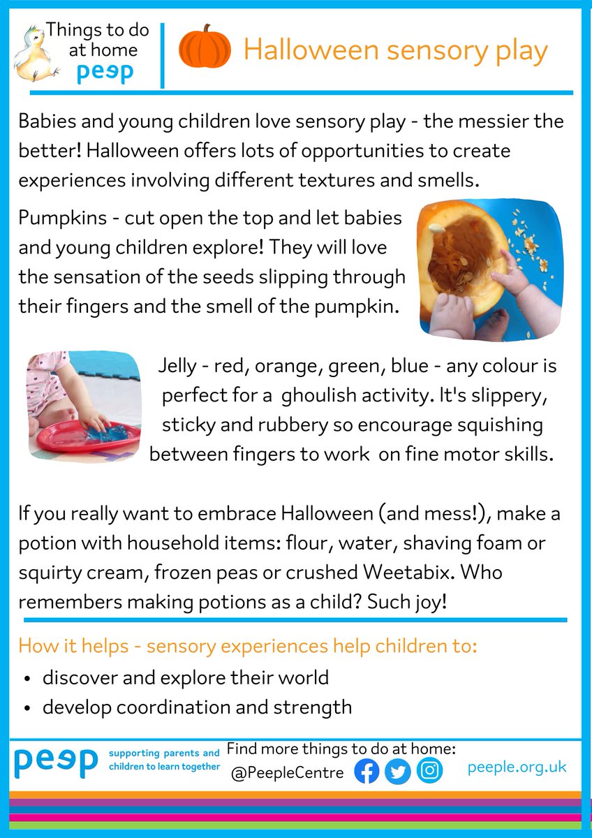 PeepleCentre's tweet image. Halloween has many opportunities for sensory play with different textures &amp;amp; smells to explore🎃Little hands will love squidging, squashing &amp;amp; grasping! Print out, hand out, download &amp;amp; share across your social media. More in login members area 🔐: peeple.org.uk/things-to-do-a… #Halloween