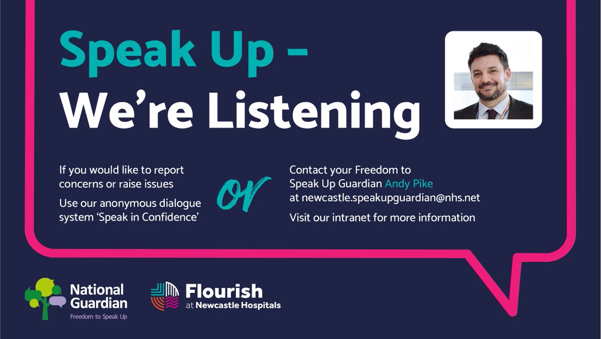 October is #Speakupmonth and I’d like to encourage all @newcastlehosps colleagues to speak up if something doesn’t feel right. 

You can use our anonymous system “Speak in Confidence” or chat to our Freedom to speak up Guardian anytime. Full details are on the staff intranet.