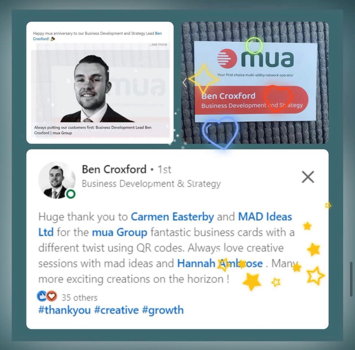 🎉🥳🎉Huge congratulations to Ben Croxford on one year at mua!
Business cards with a twist – ready for events and conferences. This is just the beginning with more exciting creations on the horizon!
#creative #growth #thankyou  #mua #madideas