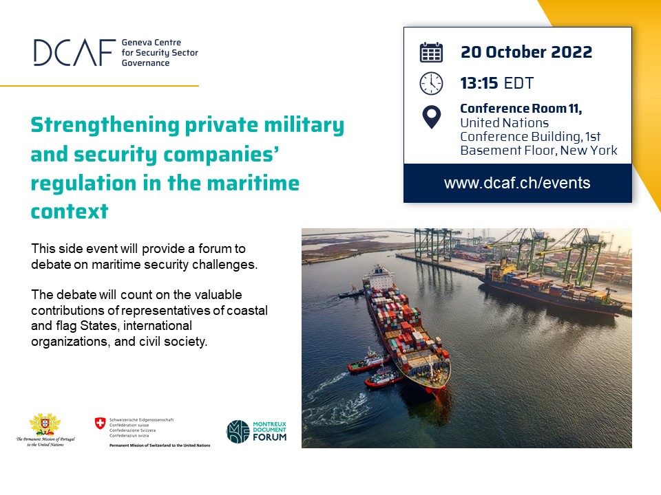 Join us and @DrSorcs,  Jon Huggins of <a href="/stableseas/">Stable Seas</a> Evan M. Curt, Deputy Commissioner of Maritime Affairs, Marshall Island, and Mateus Kowalski, Chair of the Montreux Document Forum Maritime Working Group
#maritimesecurity 
Info &amp; register 👉
dcaf.ch/strengthening-…