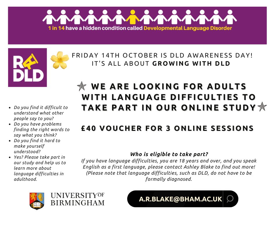 ashleyrblake's tweet photo. Friday 14th October is #DLDday, this year's theme is all about growing with DLD. DLD is not just a childhood condition - many adults have undiagnosed language difficulties. We still have places in our study for adults, please RT and help us learn more!  #DevLangDis @RADLDcam https://t.co/3wYgurPe7Q