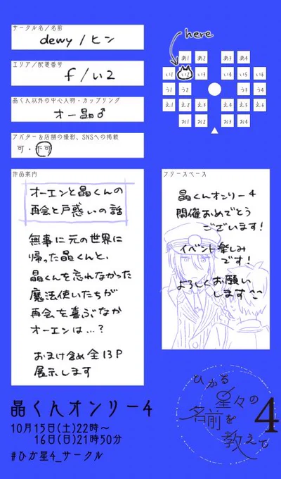 10/15ひかる星々の名前を教えて4はfエリアい2でスペースをいただいております。オー晶♂の再会と戸惑いの話を展示します。無事に元の世界に帰った晶くんと、晶くんを忘れなかった魔法使いたちが再会します。
#ひか星4_サークル
https://t.co/X6dnTZeDs8 