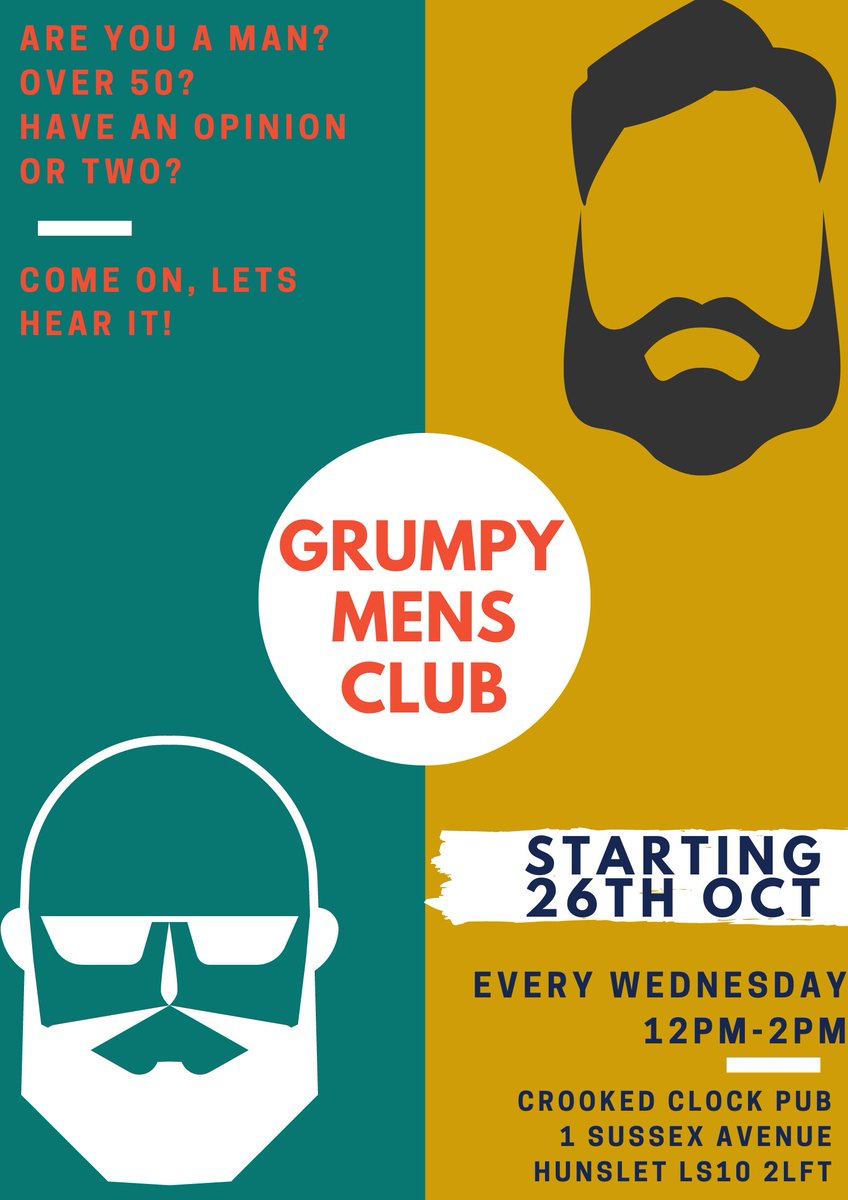 ****NEW GROUP ALERT, TACKLING ISOLATION WITH A SOCIAL CONCEPT***Calling all the men over 50 who fancy a hot topic to discuss and share their opinions, quiet observers also welcome😎 Every Wednesday 12pm till 2pm at Crooked Clock Pub  👏