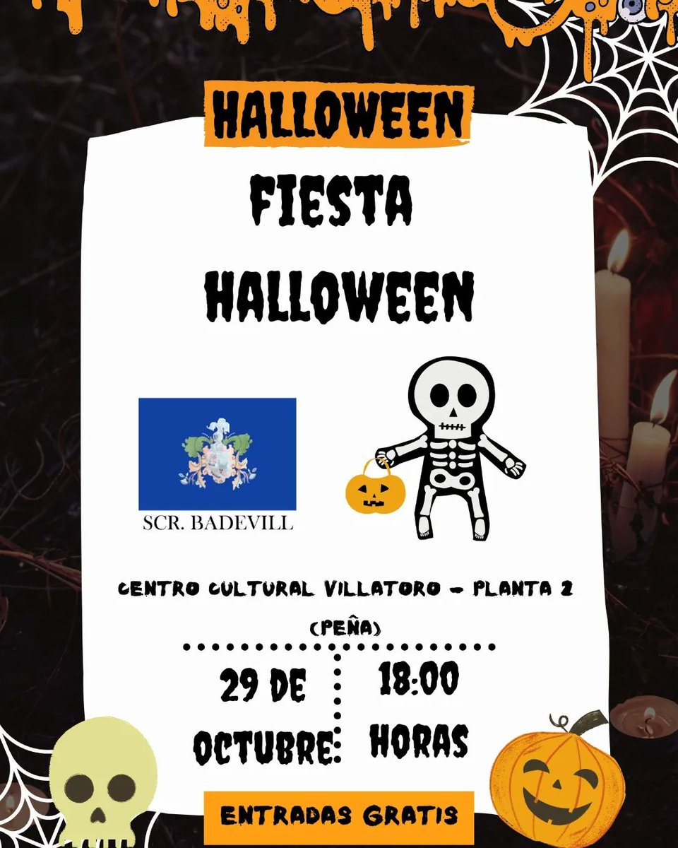 El próximo día 29 de Octubre tienes una cita espeluznante en la peña. 🦇 Celebra Halloween en tu barrio con una fiesta que os pondrá los pelos de punta! 💀
Además contaremos con chocolatada para todos, dj set que nos animará la fiesta y muchas más sorpresas 🎃
¡OS ESPERAMOS! 🧟🧟‍♀️
