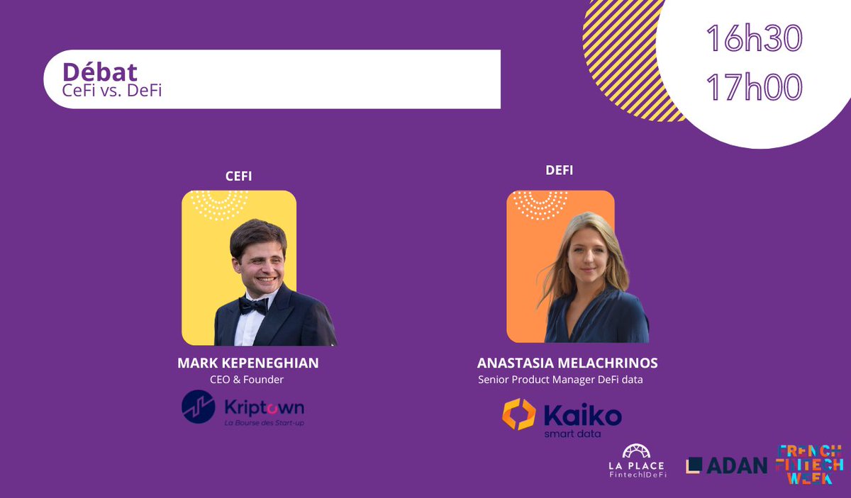 Lors de la conférence "Le #Web3 : pour la démocratisation et contre les idées reçues" de l'Adan et <a href="/LaPlaceFintech/">La Place Fintech | DeFi</a>, <a href="/kepeneghian/">Mark Kepeneghian</a> (CEO, <a href="/KriptownFR/">KriptownFR</a>) et @kaikodefiqueen (Senior Product Manager DeFi data, <a href="/KaikoData/">Kaiko</a>) débattront de ces deux secteurs si souvent mis en opposition. 
2/2
