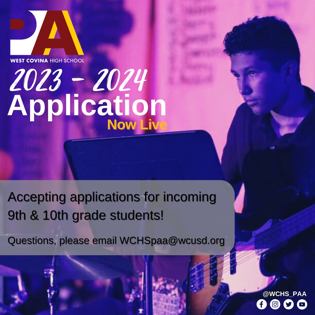 WCHS_PAA's tweet photo. Our ’23-’24 applications are now LIVE! 

Accepting applications from incoming 9th &amp; 10th grade students who want to take their performing arts skills to the next level!

Apply TODAY at https://t.co/yGufxjeD8n!

@WestCovinaUSD @westcovinahs @emyflores5 @DrParkWCHS @mxwongster https://t.co/2E0Fggqk7S