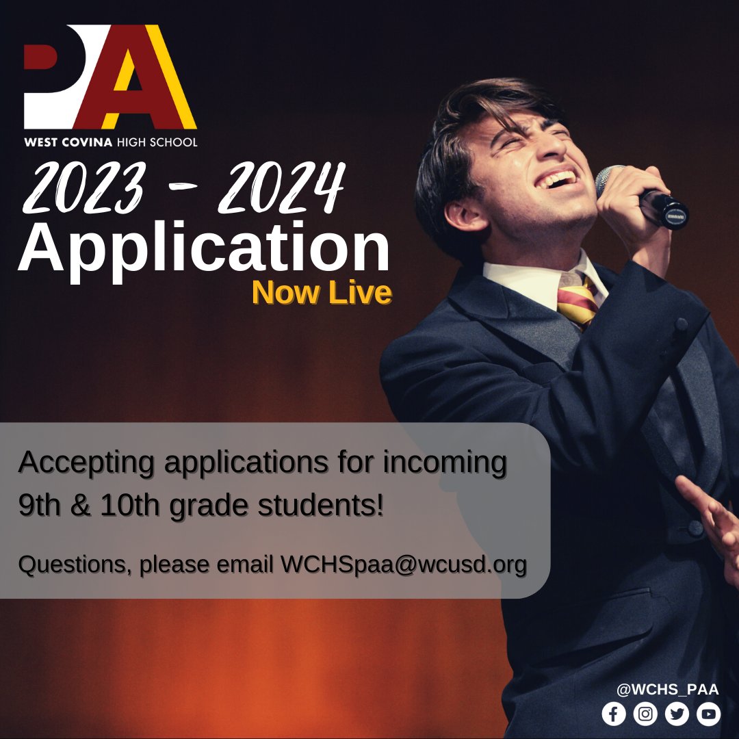 WCHS_PAA's tweet photo. Our ’23-’24 applications are now LIVE! 

Accepting applications from incoming 9th &amp; 10th grade students who want to take their performing arts skills to the next level!

Apply TODAY at https://t.co/yGufxjeD8n!

@WestCovinaUSD @westcovinahs @emyflores5 @DrParkWCHS @mxwongster https://t.co/2E0Fggqk7S