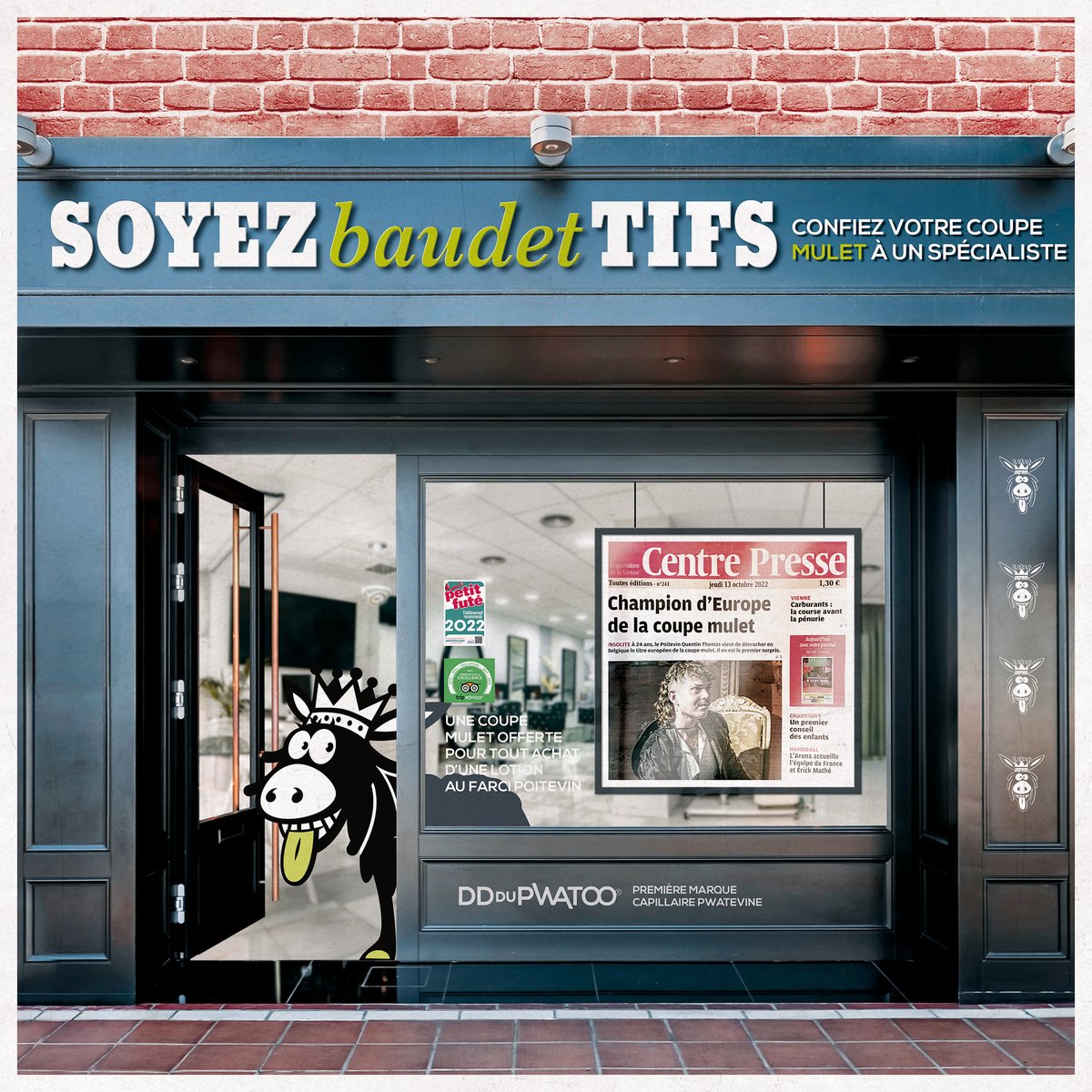 En pleine semaine du goût, un Pwatevin sacré champion d'Europe de la coupe mulet 😮🏆 Informé grâce à la presse locale, DD se bouge la nuque et diversifie son activité. 💇‍♂️/ Offre spéciale "ouverture" : une coupe mulet offerte à tout journaliste de <a href="/centre_presse/">Centre Presse</a> et <a href="/nrpoitiers/">NR Poitiers</a>😜