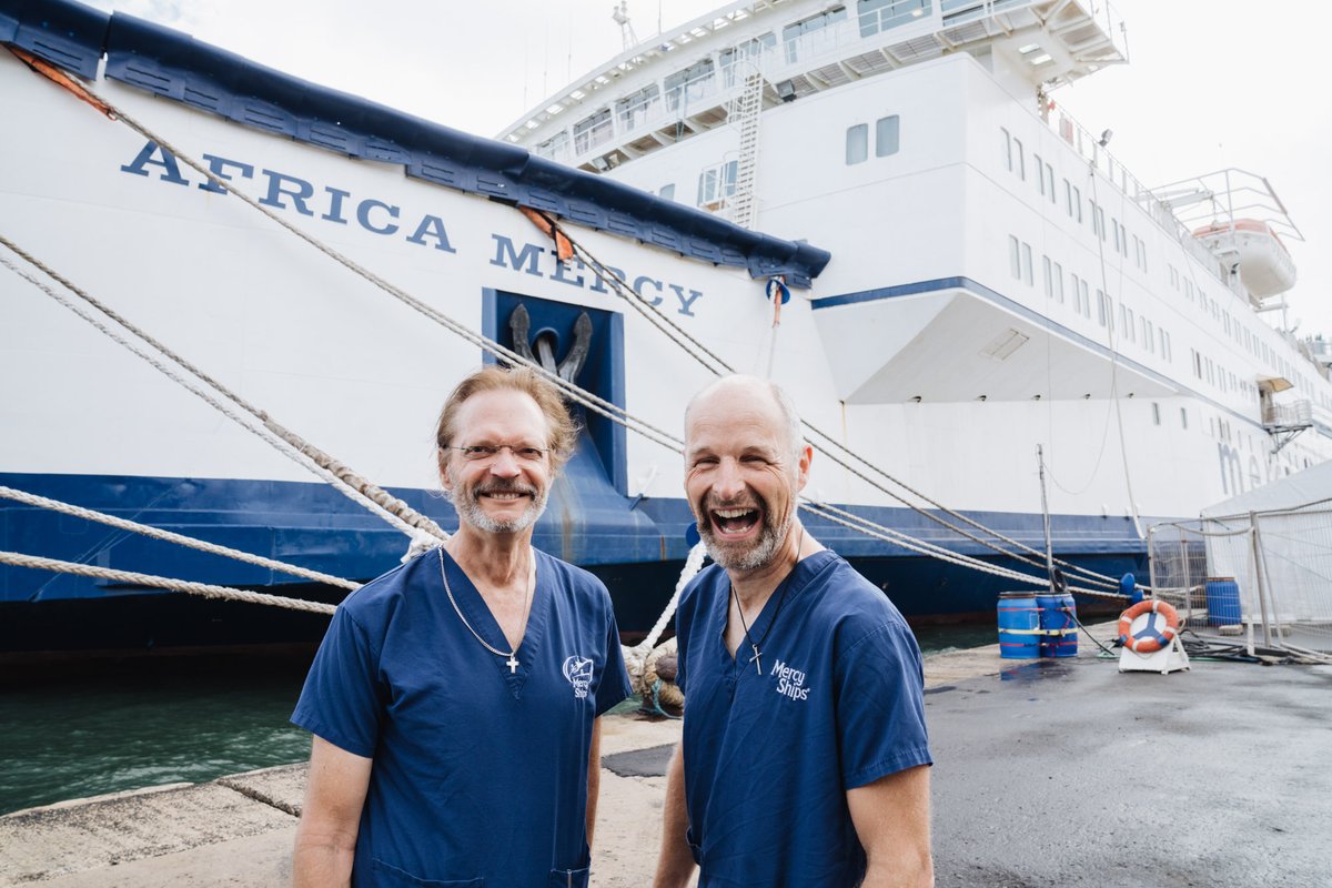 Two decades ago, Dr. Guido Köhler and Dr. Tertius Venter met on board the first Mercy Ship, the Anastasis. These two reconstructive plastic surgeons formed a friendship while serving side by side in #SierraLeone. Want to know more? mercyships.org/makeyourmark/ #Volunteer #MercyShips