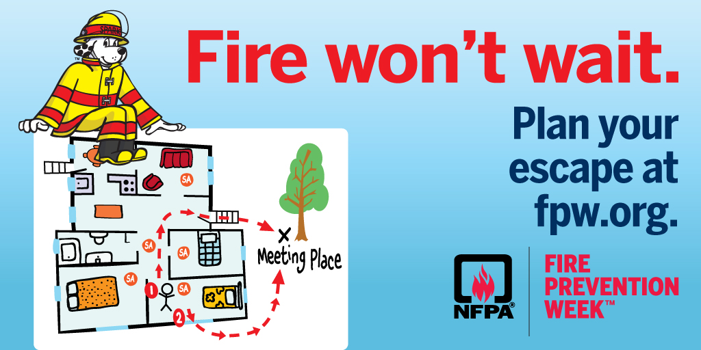 sccfiredept's tweet photo. “Fire won’t wait. Plan your escape”, NFPA Fire Prevention Week. Have an outside meeting place away from the home. Call 9-1-1 from outside the home. Plan Your Escape at https://t.co/DitKixj5OR #homeescapeplan #bepepared #firepreventionweek @sccfiredept @TheNFPA https://t.co/ikbBCxHlSC